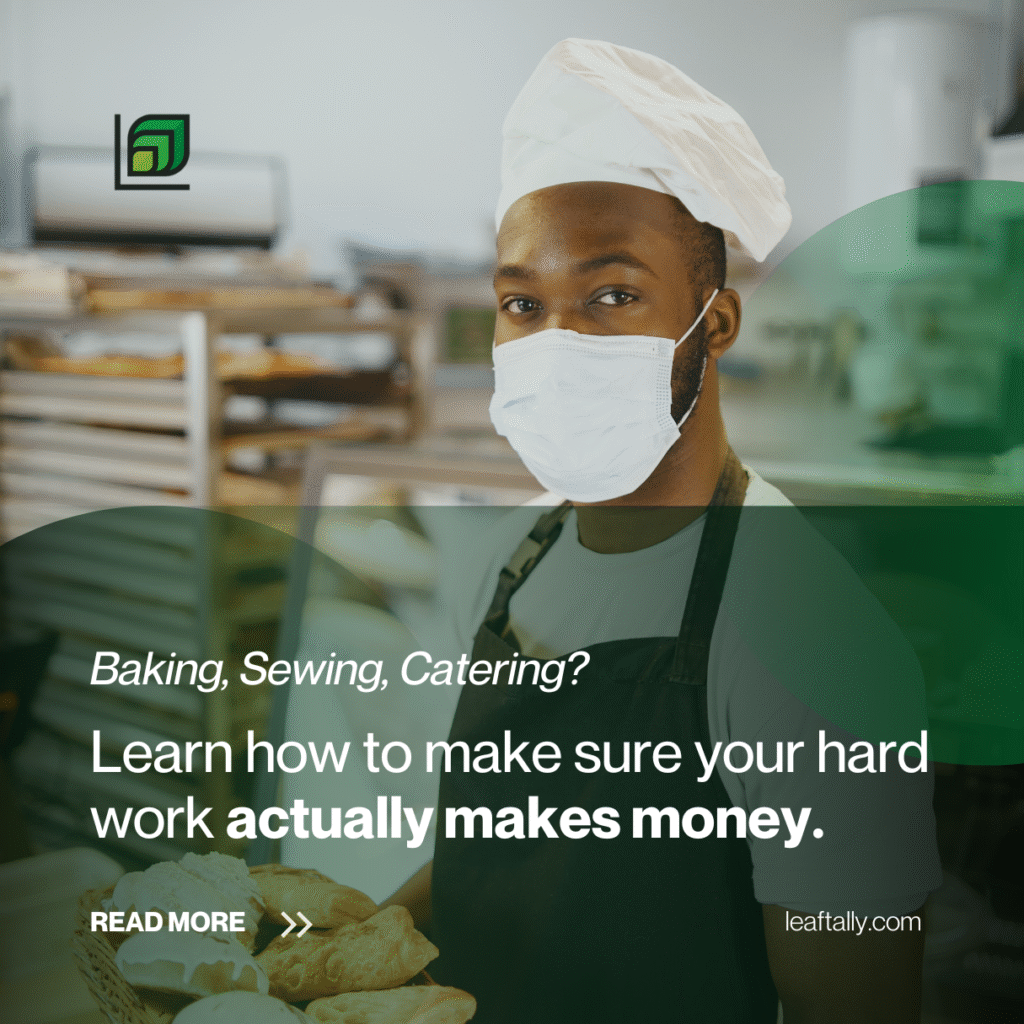A baker wearing a mask and chef's hat holds a basket of pastries in a kitchen. Text: Baking, Sewing, Catering? Learn how to make sure your hard work actually makes money. Price for Profit in Nigeria