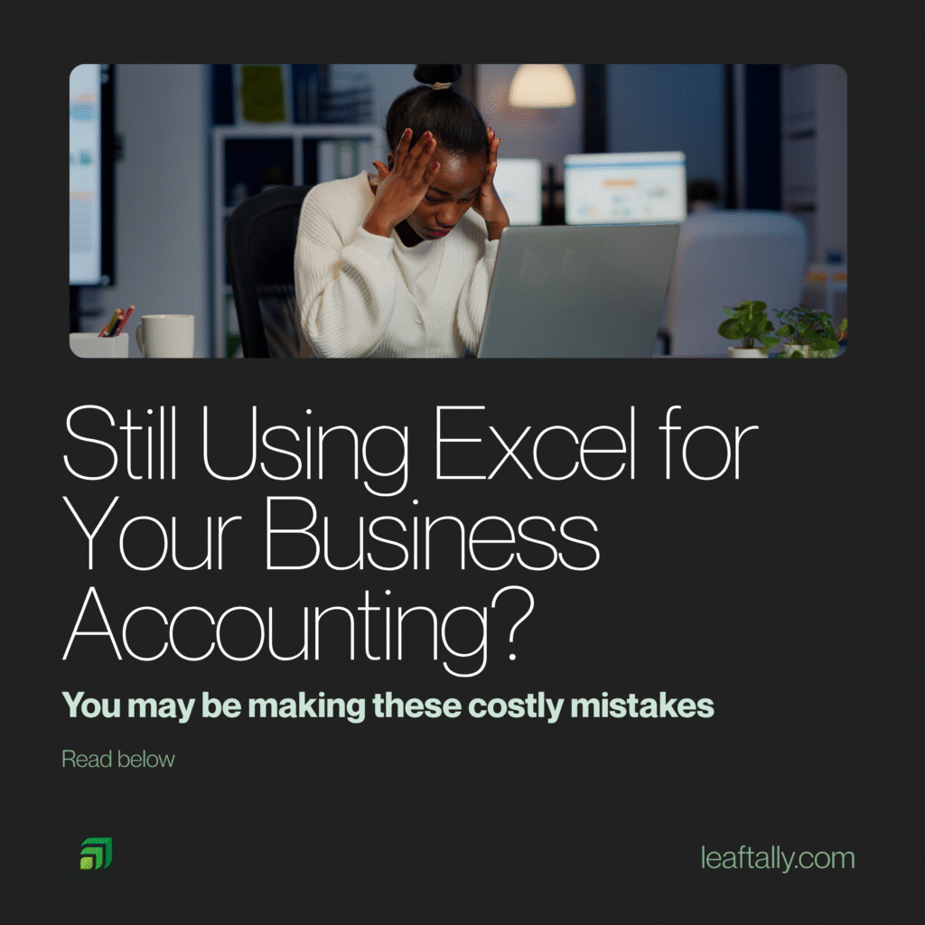 A frustrated business owner struggling with Excel for business accounting on a laptop, next to the LeafTally logo.