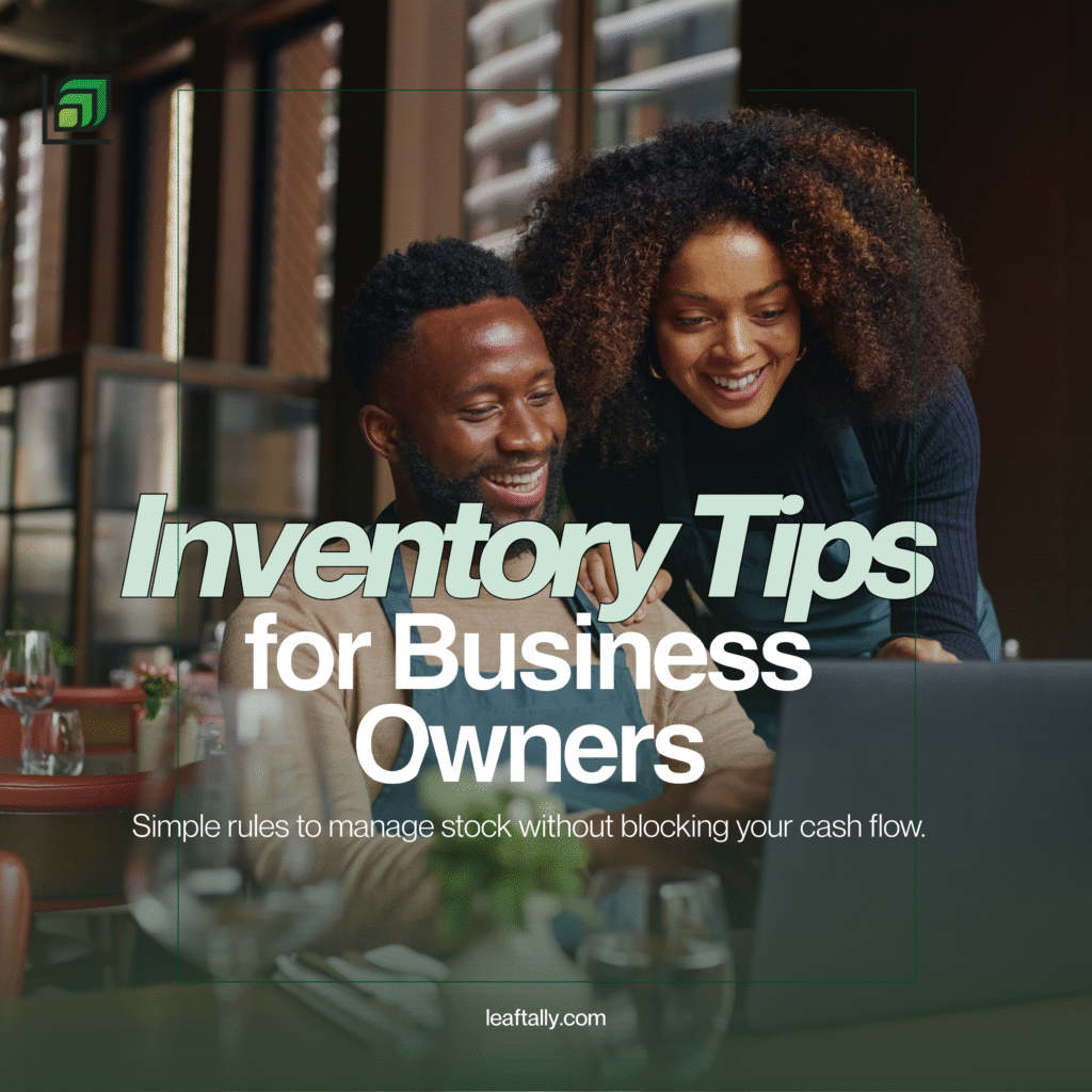 Two smiling business owners in aprons looking at a laptop in a restaurant setting. Text overlay: "Inventory Management for Small Businesses."