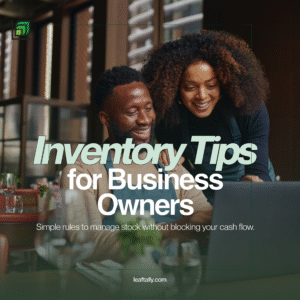Two smiling business owners in aprons looking at a laptop in a restaurant setting. Text overlay: "Inventory Management for Small Businesses."