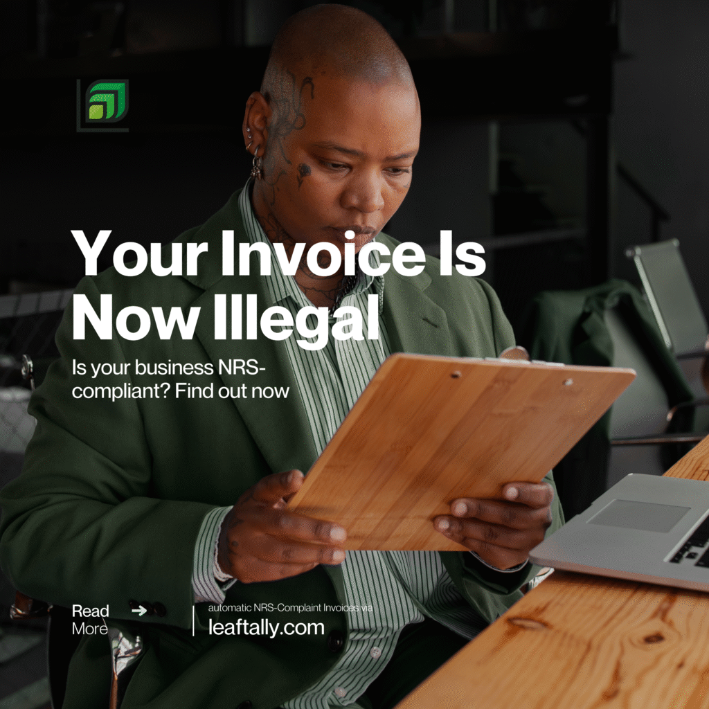 Nigerian business owner reviewing invoices, with text overlay reading "Your Invoice Is Now Illegal" — NRS e-invoicing compliance warning